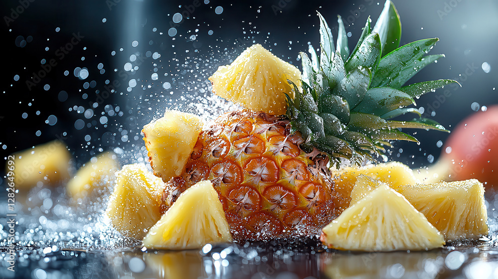 Fototapete vibrant pineapple with juicy slices is sprinkled with water droplets, creating refreshing and appeti