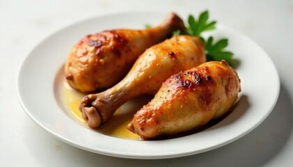 Perfectly grilled chicken legs arranged on a simple white plate, drumstick, photography