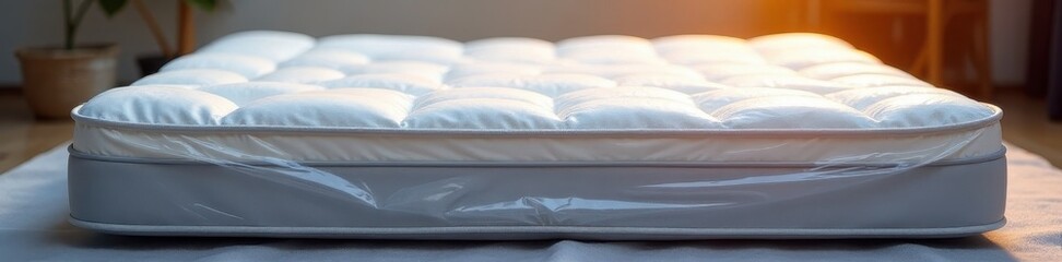Sealed plastic mattress inside protective bag, storage, product