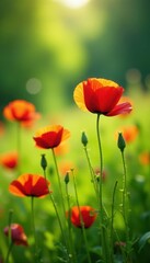 Poppies sway gently in a lush green summer meadow, bathed in sunlight , june, photography