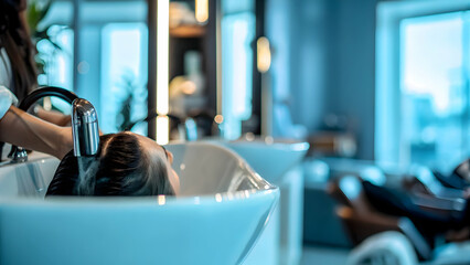 Hairstylist gently rinses salon client hair ensuring pampered atmosphere brand impression and hygienic grooming approach tied to personal flair concept as A modern parlour captures refreshing hair car