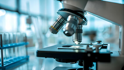 Fototapeta premium Professional microscope in laboratory used for microbiology and medical research showcasing science equipment and micro scale examination. concept as Professional microscope in laboratory used for mic