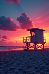 Solitary lifeguard tower stands against vibrant sunset sky , view, nature, day