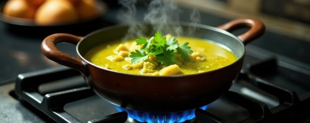 Steaming green curry in pot atop a gas stove Intense close-up , basil, authentic, seafood