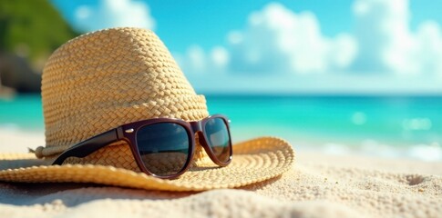 Stylish straw hat and sunglasses, beach setting , cool, vacation, style