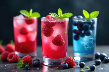 Three glasses filled with ice, raspberries, and blueberries, garnished with mint , background, delicious drink