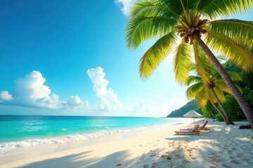 Sun-drenched beach, palm trees sway gently in breeze, ocean, palm leaves, summer