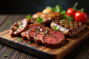 Variety of grilled premium meats on aged wood plank, gourmet food, grill, premium meats