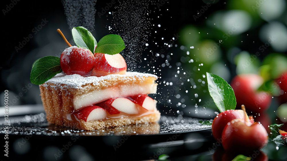 Aufkleber slice of apple tart with powdered sugar and fresh apples on dark background