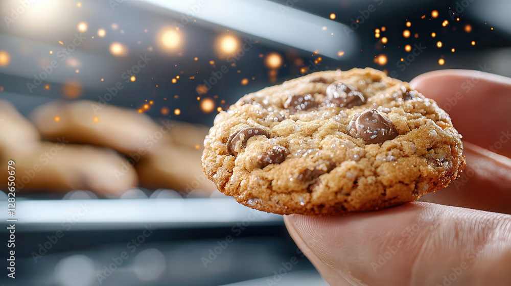 Aufkleber close up of hand holding chocolate chip cookie with sparkling lights in background, creating warm and inviting atmosphere