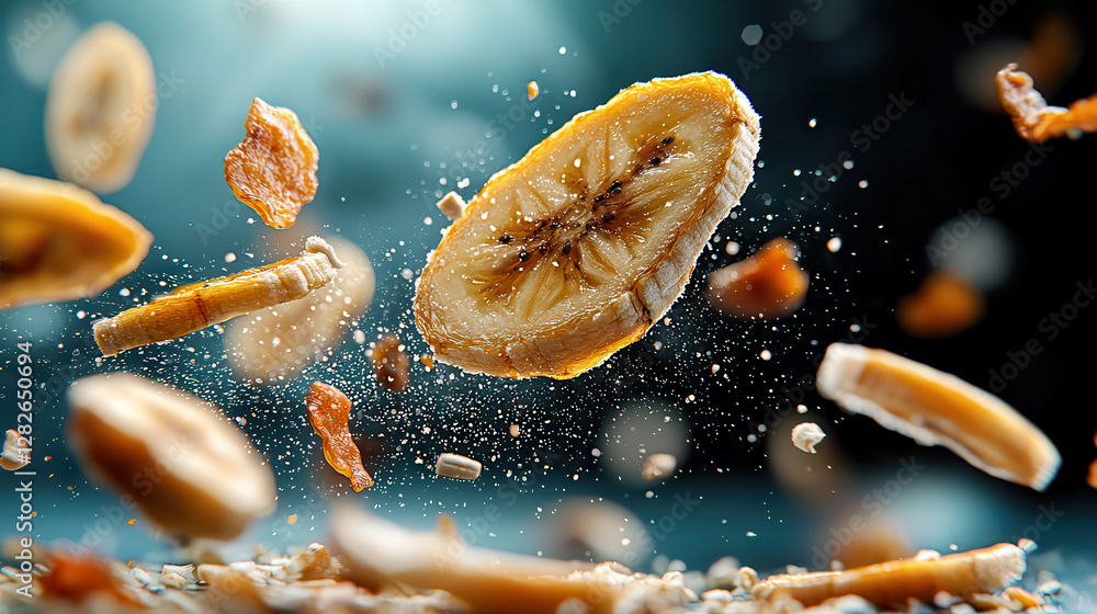 Poster Dried banana slices suspended in holographic display, showcasing their texture and detail in futuristic setting. vibrant colors and intricate details create captivating visual experience