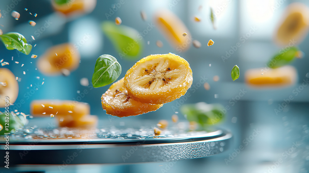 Poster Slices of dried banana and basil leaves are suspended in holographic display, creating futuristic and vibrant scene. background is blurred, emphasizing floating elements