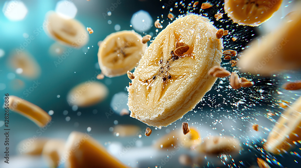 Poster Slices of dried banana suspended in holographic space with dynamic lighting and floating particles create futuristic and vibrant scene