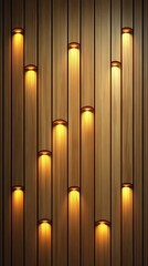 Close-Up View of Illuminated Wooden Wall with Vertical Slats and Cylindrical Lights