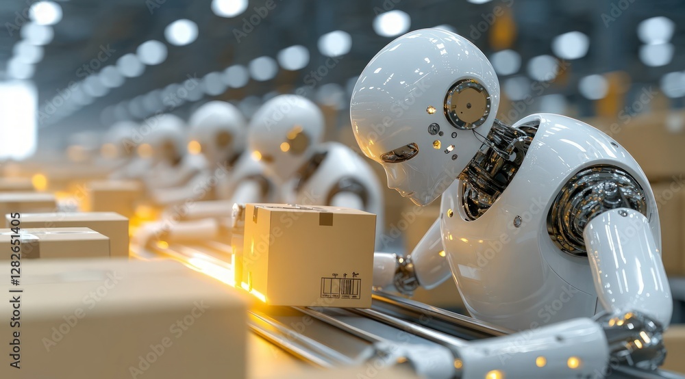 Poster automated warehouse robots sorting packages on conveyor belt