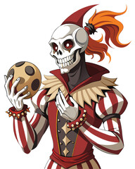 A meticulously detailed skeletal harlequin, hollow-eyed and grinning, clutches a single, crimson rose.  Dark, dramatic lighting.