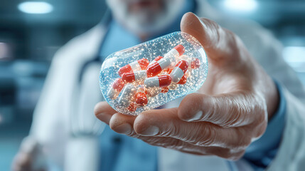 doctor holds futuristic transparent capsule containing red and white pills, symbolizing advanced pharmaceutical technology and innovation in medicine