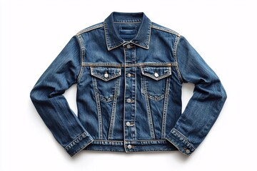 A denim jacket rests on a white background in a studio