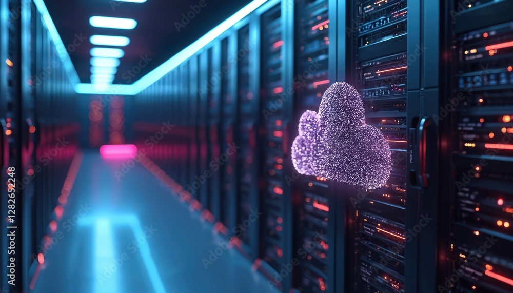 Poster Futuristic server room interior with neon light, cloud data storage. Data center in cyberspace. Database system infrastructure computing with information center, computer room, server room networking.