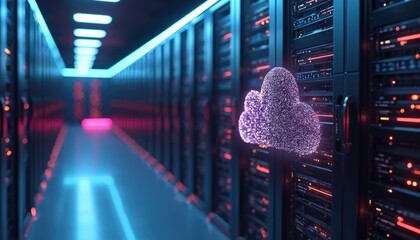 Futuristic server room interior with neon light, cloud data storage. Data center in cyberspace. Database system infrastructure computing with information center, computer room, server room networking.