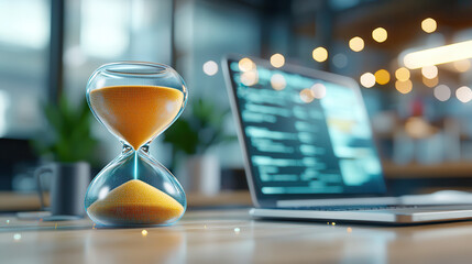 cybernetic hologram of hourglass beside digital workspace with laptop, symbolizing passage of time in modern office environment