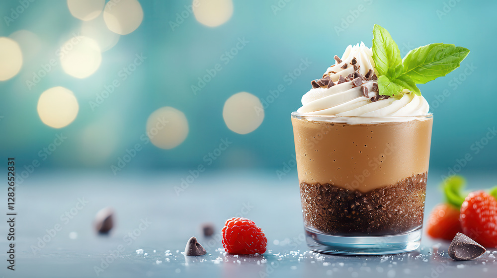 Poster decadent chocolate swirl in small jar with deep brown tones, topped with whipped cream and garnished
