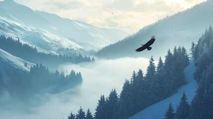 Naklejka premium Majestic Eagle Soaring Over Misty Winter Mountains
