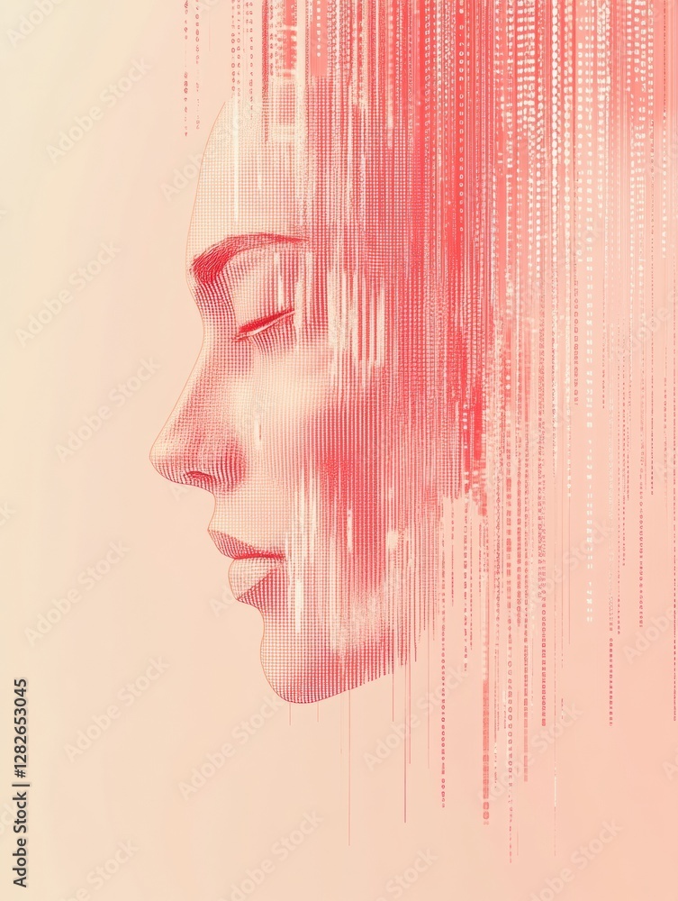 Poster Human face outline dissolves into a stream of binary code representing a futuristic AI concept. Generative AI