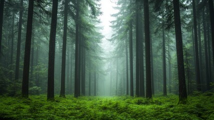 Fototapeta premium Misty Forest Path Green Trees Nature Woodland Fog