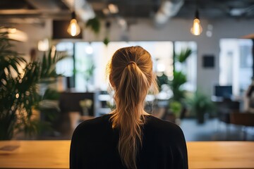 A backview of a Caucasian woman in a co-working space, participating in a virtual networking event.