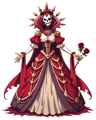 Fototapeta premium A regal skeletal queen, adorned in a lavish, ornate gown, with a jeweled crown, sits majestically on a throne.
