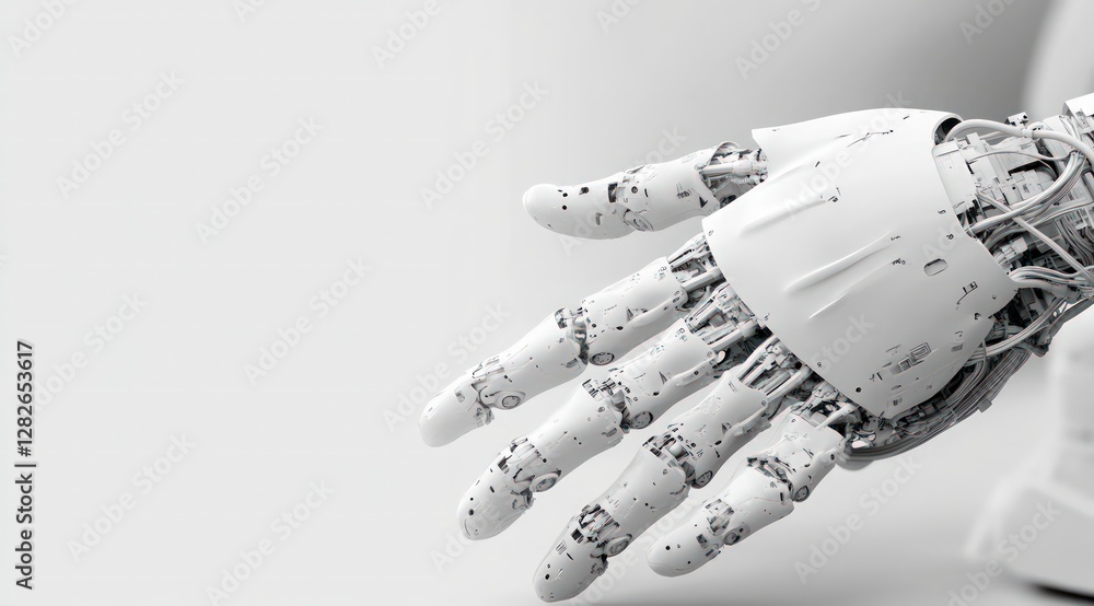 Poster robotic hand ai technology futuristic automation closeup white robot arm mechanical e