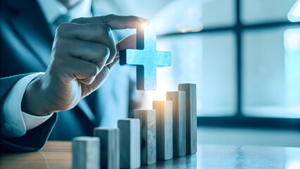 Businessman taps blue plus positivity mindset insurance mental care fosters well being brand commitment ensures supportive environment mental health advantage concept as Executive interacts with symbo