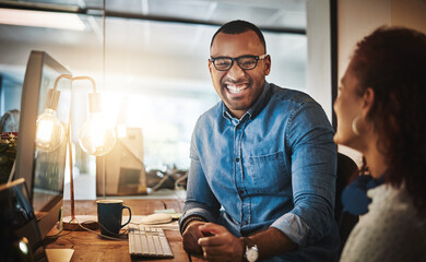 Funny, training or manager on computer for web design, startup website or coaching. Night, happy...