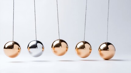 Metallic Newton's Cradle in Motion Gold and Silver Spheres Against White Background
