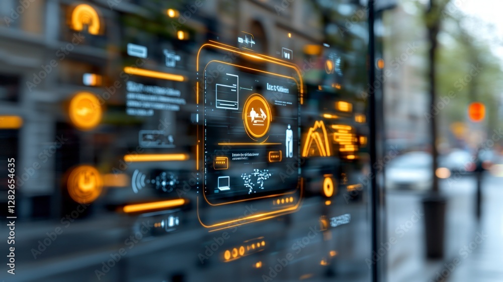 Poster futuristic transparent screen displaying data city background