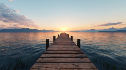 Obraz premium A tranquil wooden pier extends into a serene lake at sunset, with distant mountains silhouetted against a colorful sky.