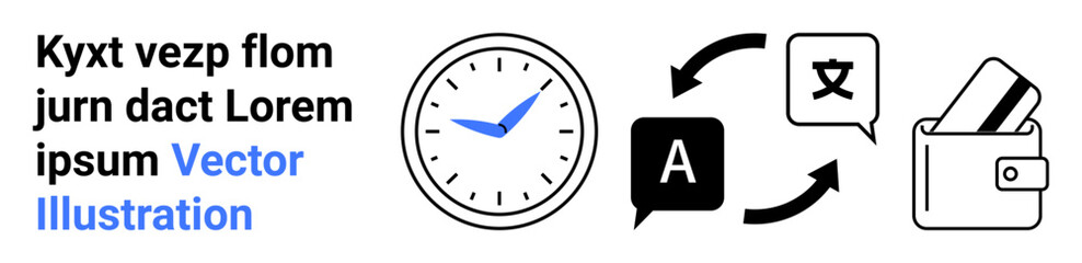 Clock indicating time, chat icon with arrow, translation icon, and wallet with credit cards. Ideal for time management, multilingual communication, financial services, mobile apps, web design