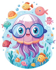 A cheerful, cartoon jellyfish wearing oversized, round spectacles smiles broadly.  The jellyfish is translucent, showcasing vibrant internal bioluminescence.