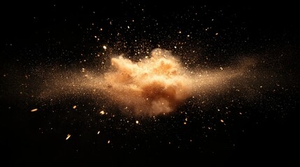 A dramatic explosion of powder creates a cloud of dust and particles, set against a dark background, capturing a moment of dynamic energy.