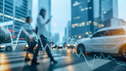 Fototapeta premium Dynamic Stock Market Data Fluctuations Against Urban City Background: Illustrating Market Trends in a Financial Environment with Space for Customization