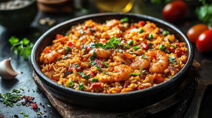 Paella with shrimp and vegetables in a black bowl.