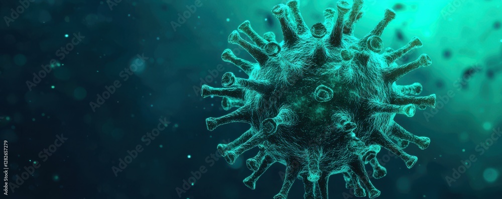 Poster virus structure image scientific research lab 3d visualization dark background microscopic view heal