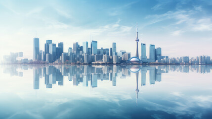 Naklejka premium Futuristic City Skyline Reflecting on Water