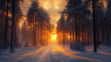 Naklejka premium Golden Sunset Path Through Snowy Pine Forest