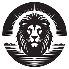 Sun rising behind a lion Silhouette Vector Illustration, Solid White Background.
