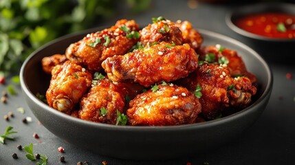 Fototapeta premium A bowl of chicken wings with sauce and herbs.