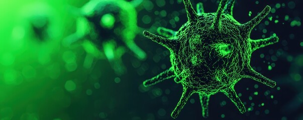 Vibrant green virus cells under microscope laboratory scientific imagery dark background close-up view biology concept