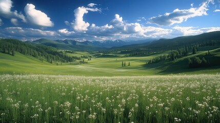 Fototapeta premium Lush Meadow With Wildflowers And Mountains