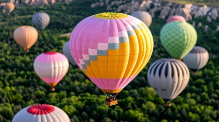Fototapeta premium Colorful Hot Air Balloons Soaring Over Lush Green Canyon Landscape